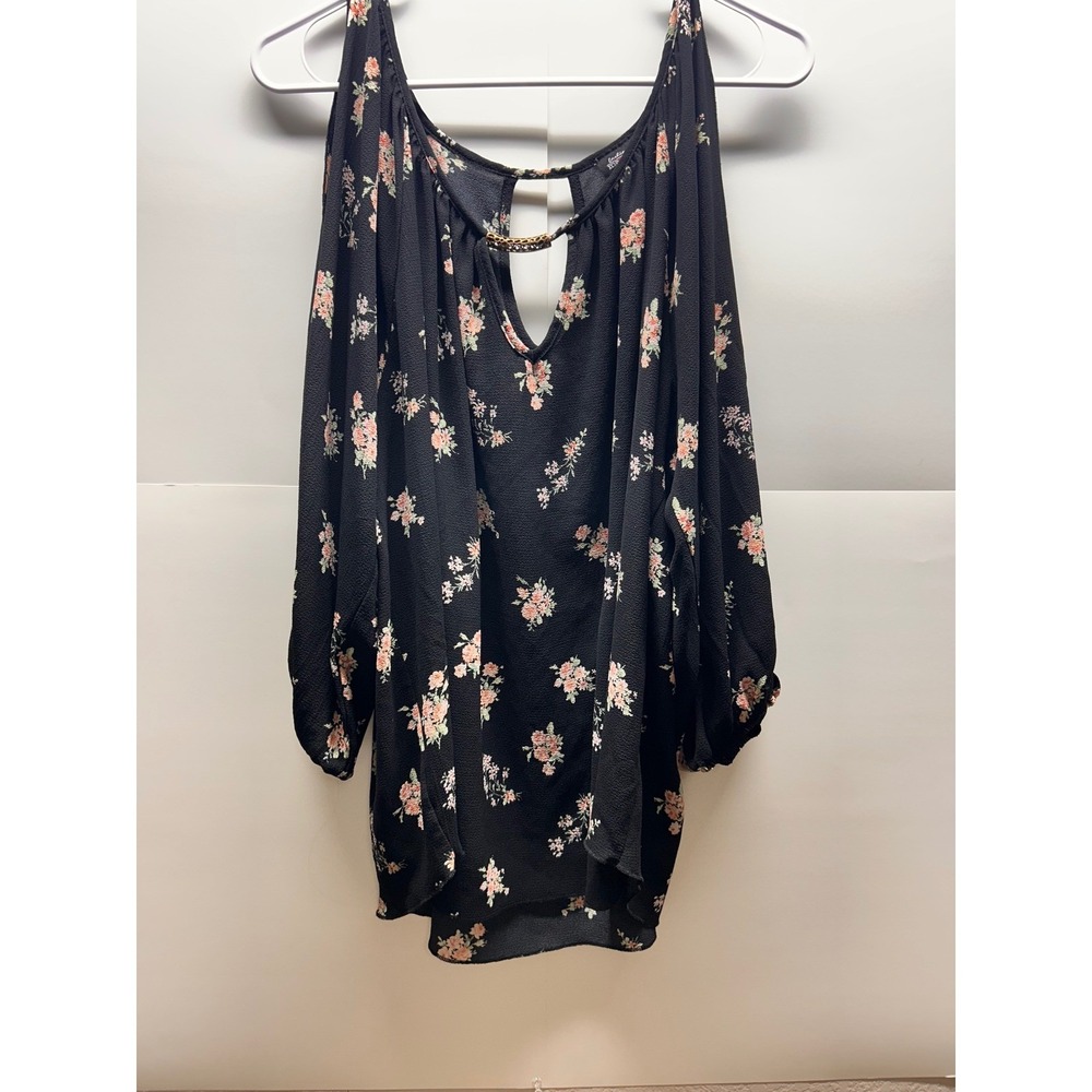 Fashion Magazine Cold Shoulder Floral Blouse Black Gold Bar Keyhole Top